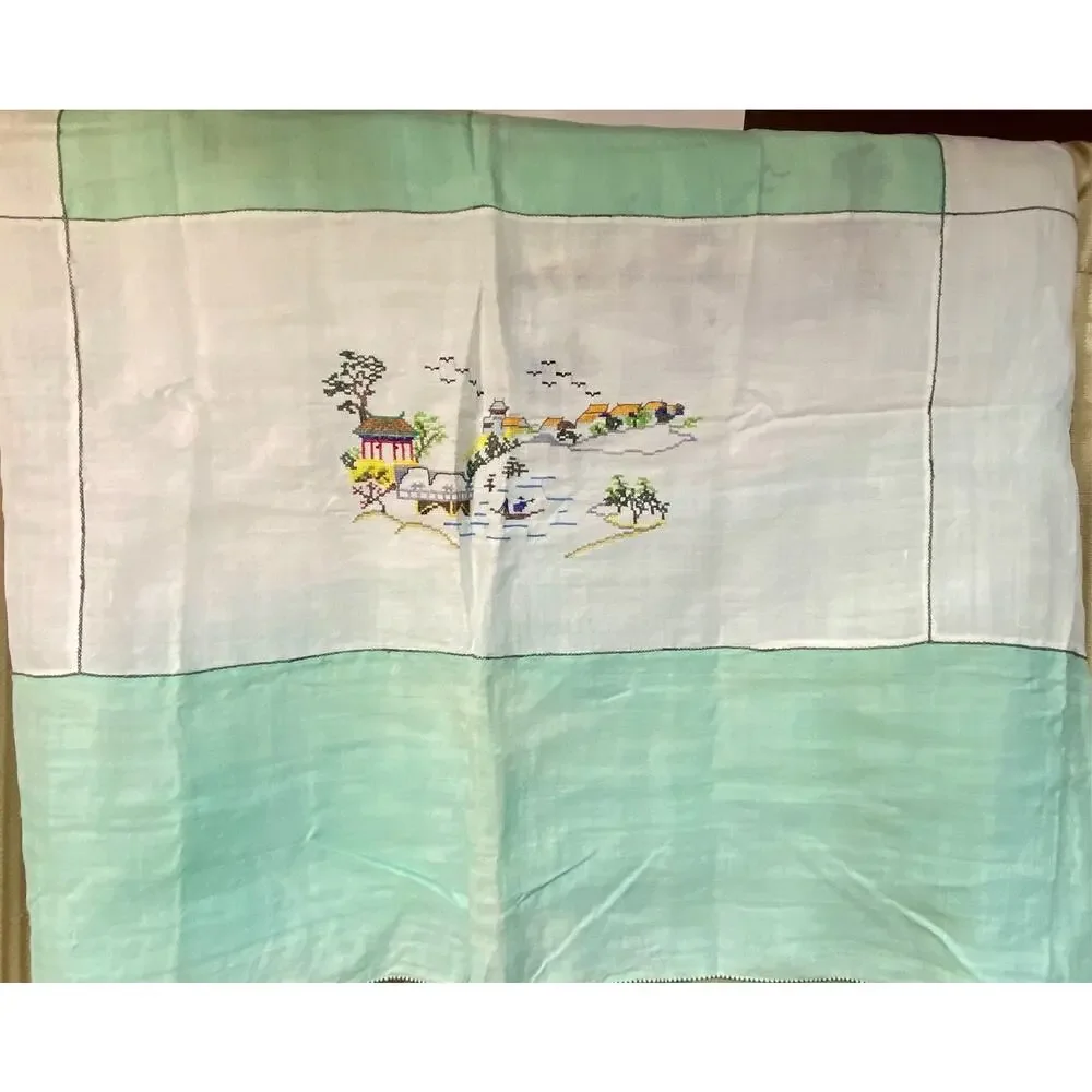 Vintage Chinese Linen Card Table Cloth Petit Embroidery Work 48x48